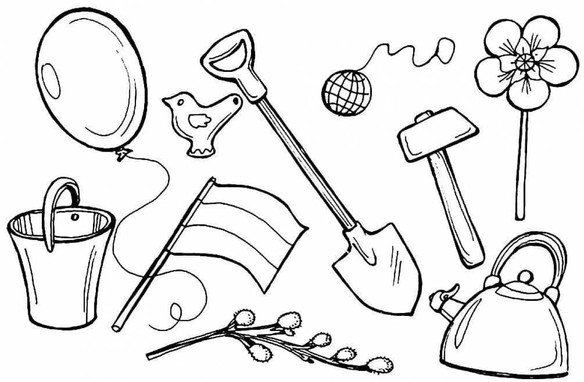 Playful coloring page of household items