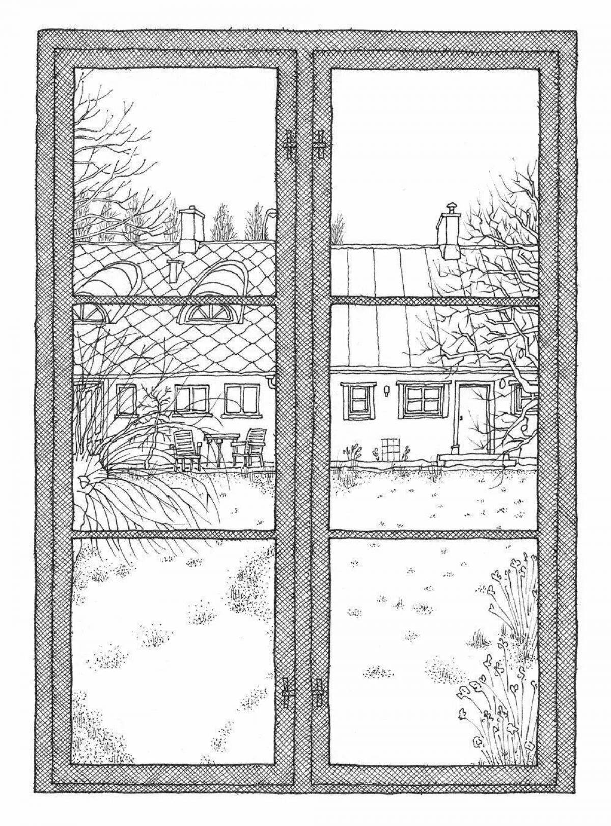 Serene winter window coloring pages