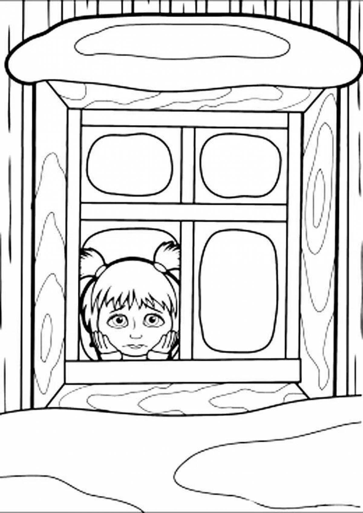 Adorable winter window coloring page