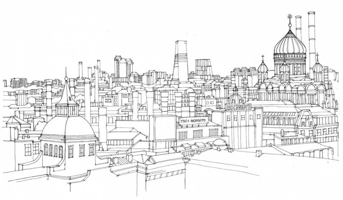 Coloring book of bright modern city