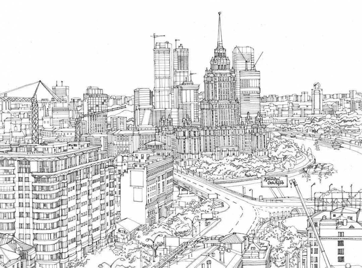 Coloring page of a magnificent modern city