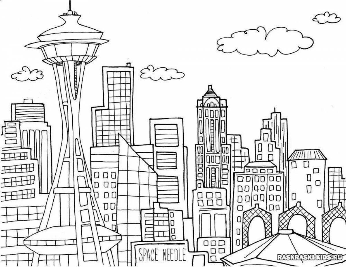 Coloring page of a vibrant modern city