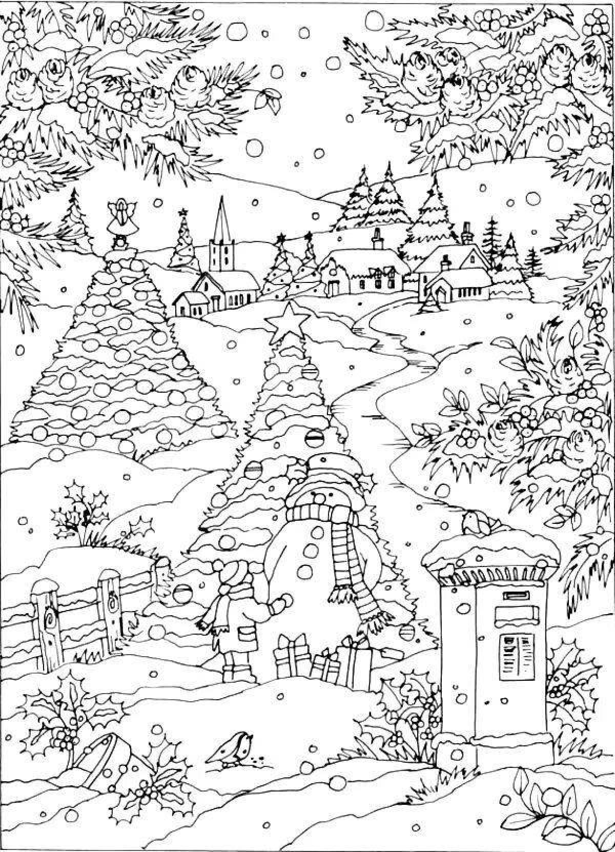 Coloring page charming winter landscape