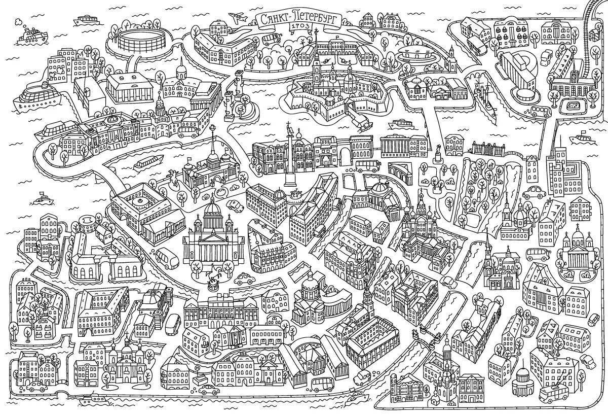 Coloring page of complex city map