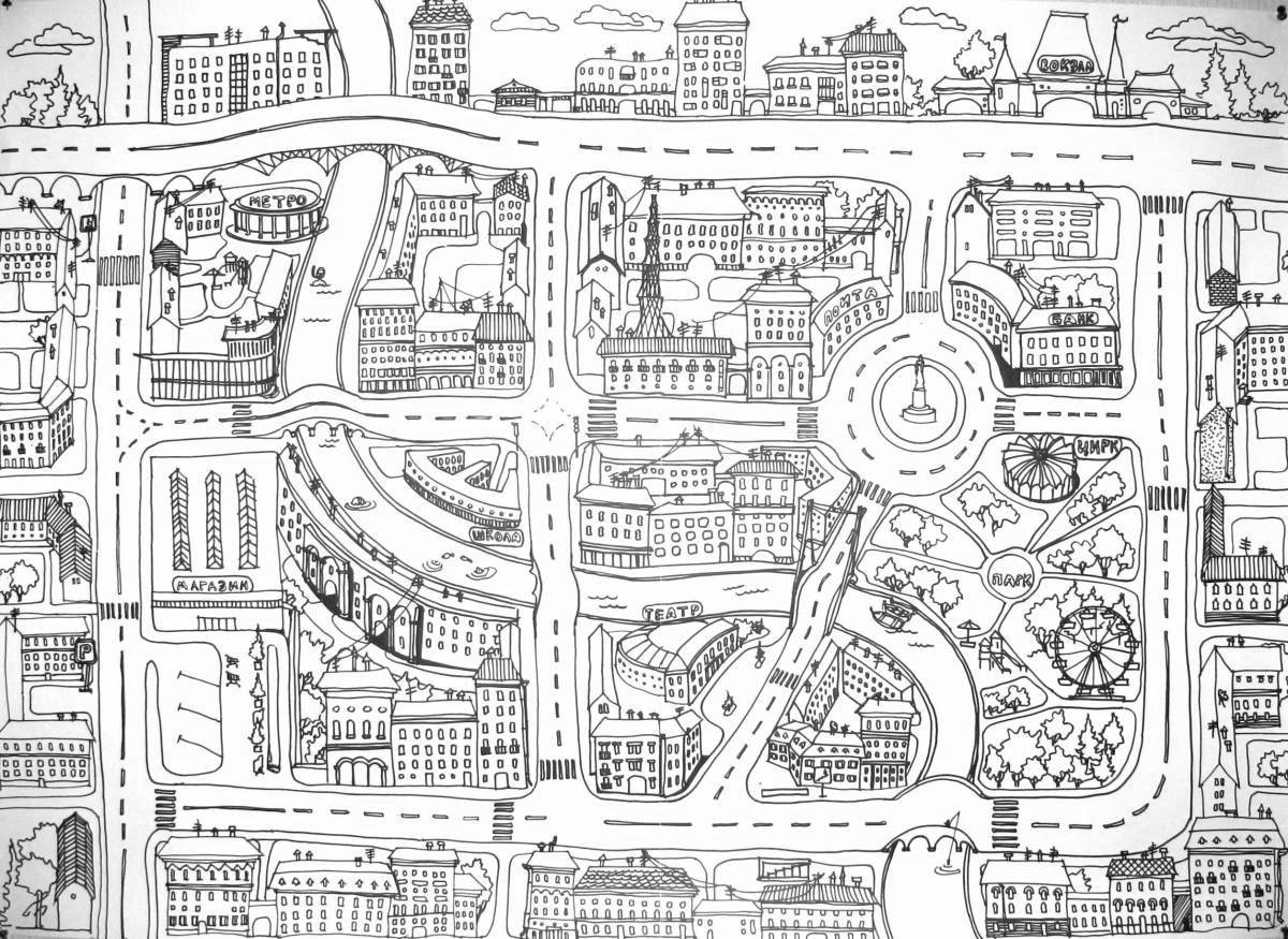 Playful city map coloring page