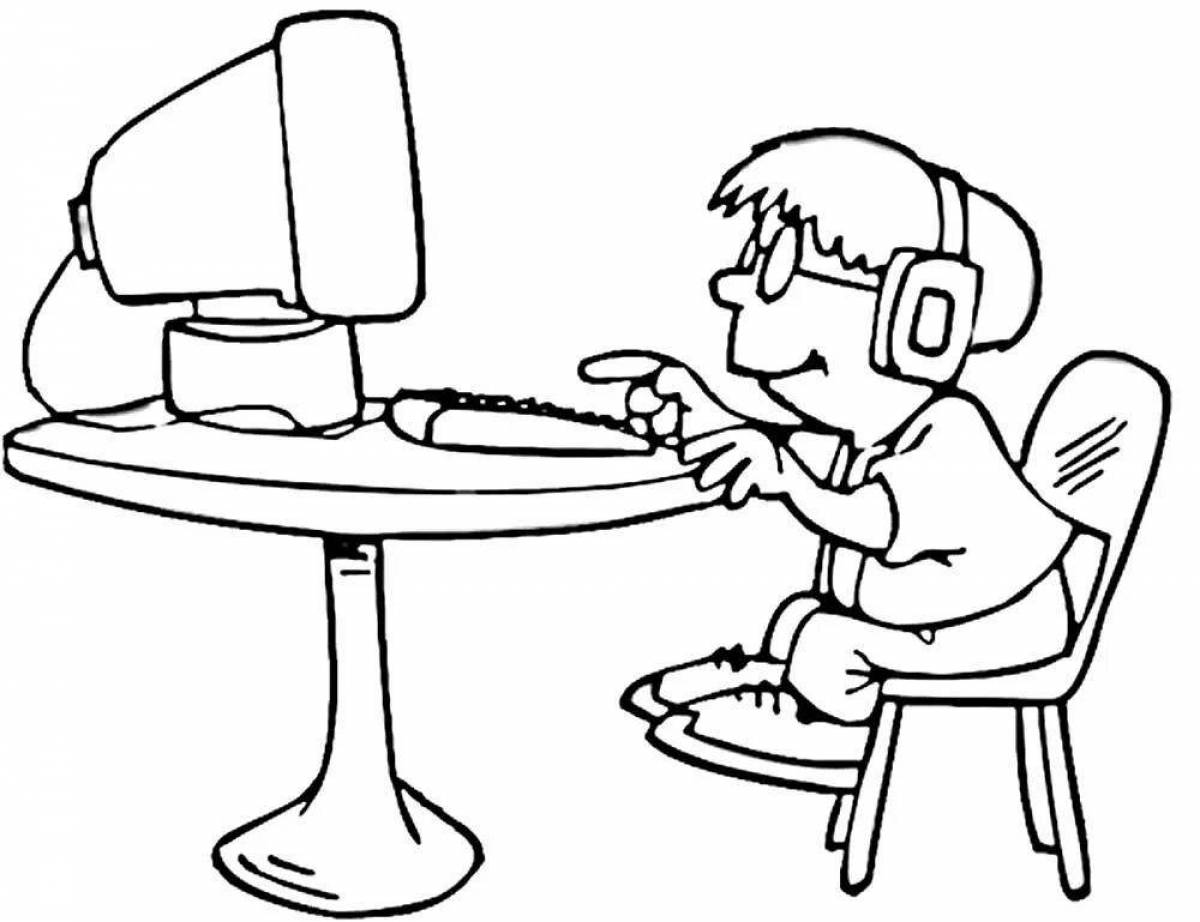 Ребенок за компьютером раскраска