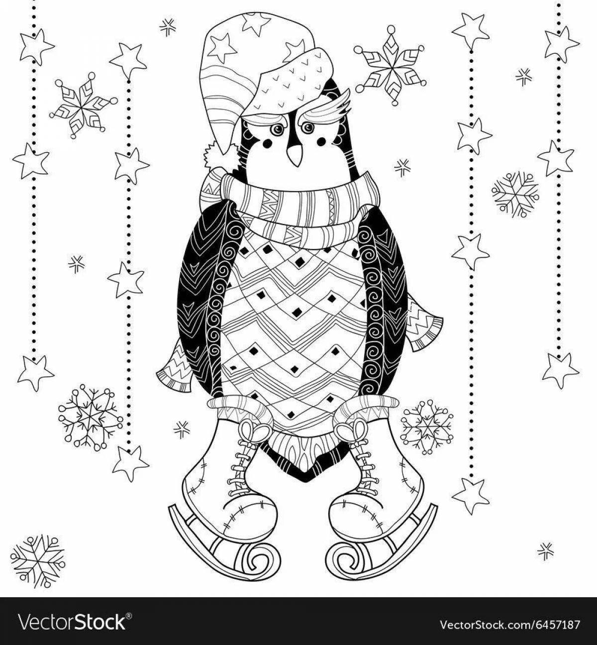 Glowing Christmas penguin coloring page