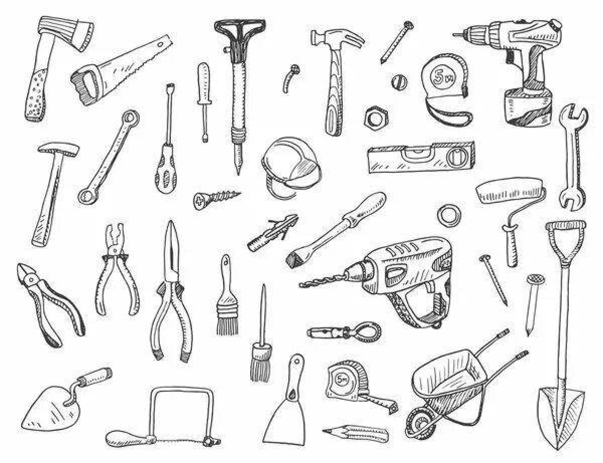 Coloring page of complex building tools