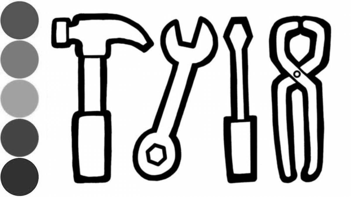 Detailed coloring page of construction tools