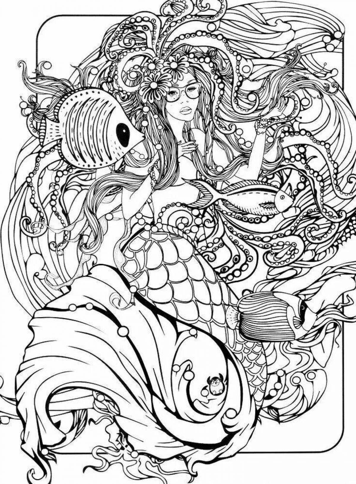 Calming coloring book antistress mermaid