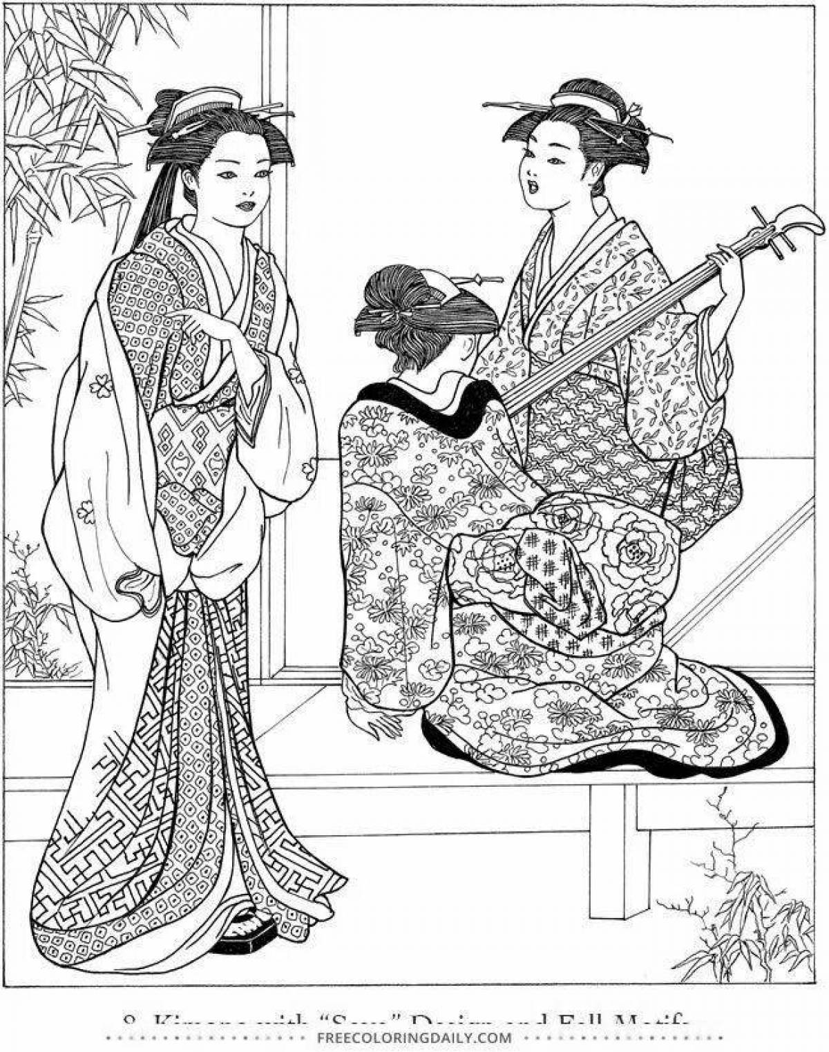 Colorful japanese kimono coloring page