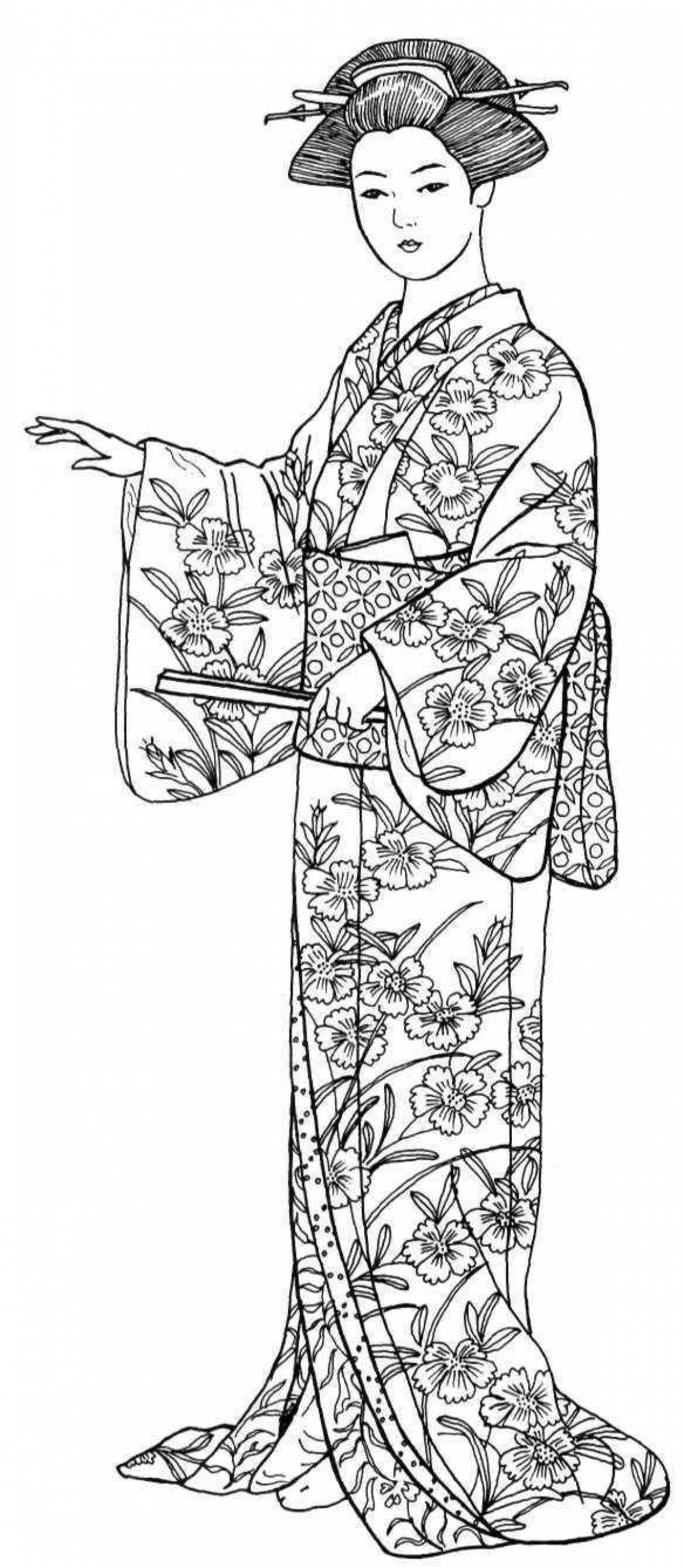 Восхитительная страница раскраски японского кимоно