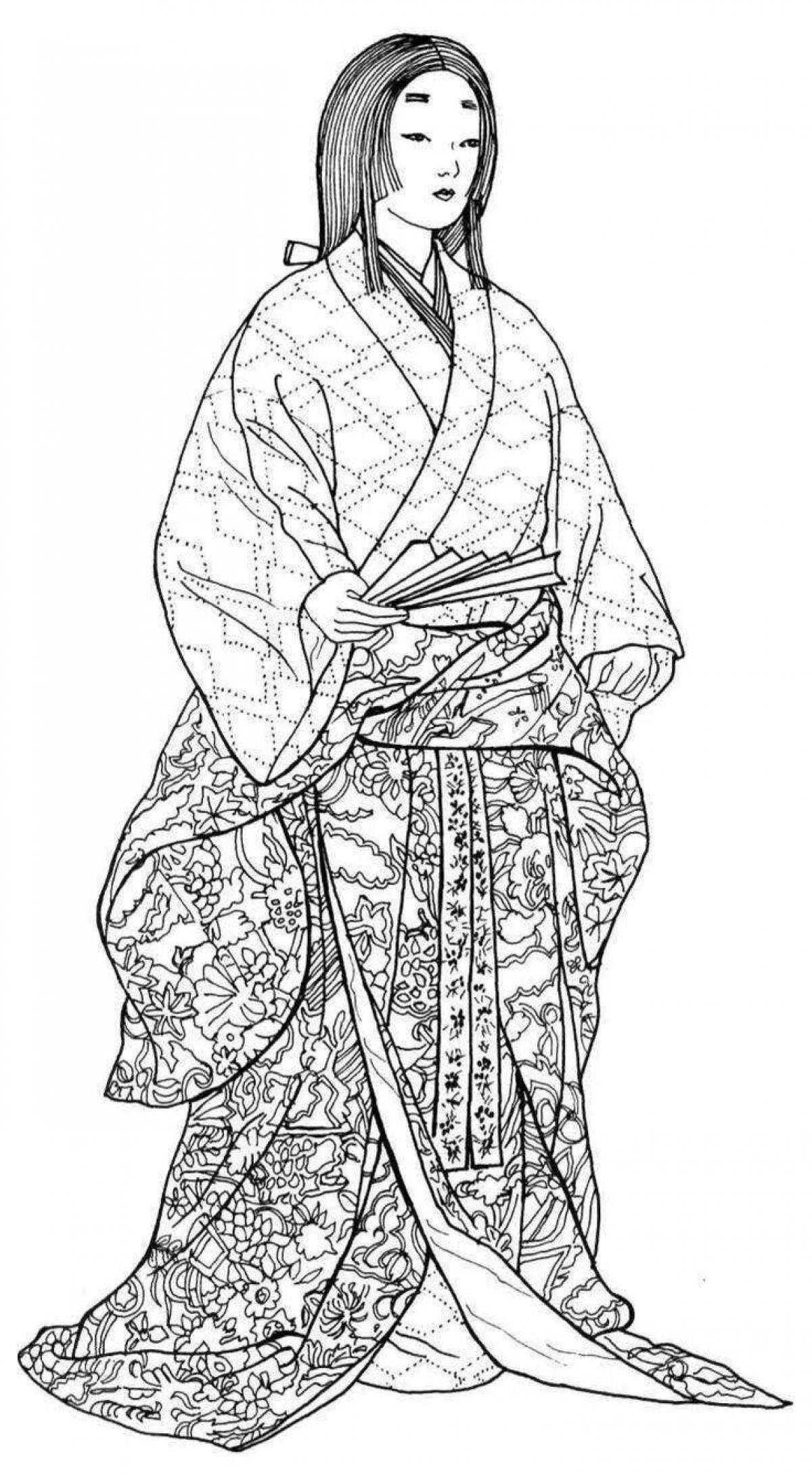 Потрясающая страница раскраски японского кимоно