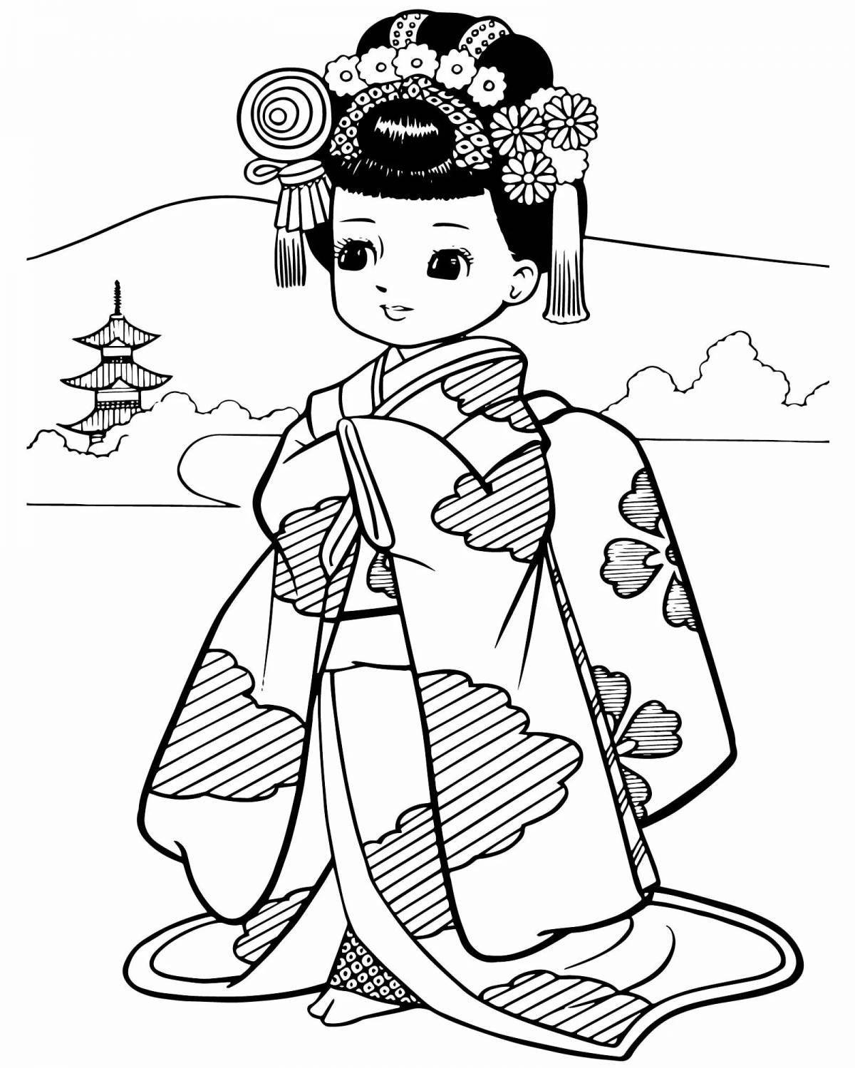 Раскраска милое японское кимоно