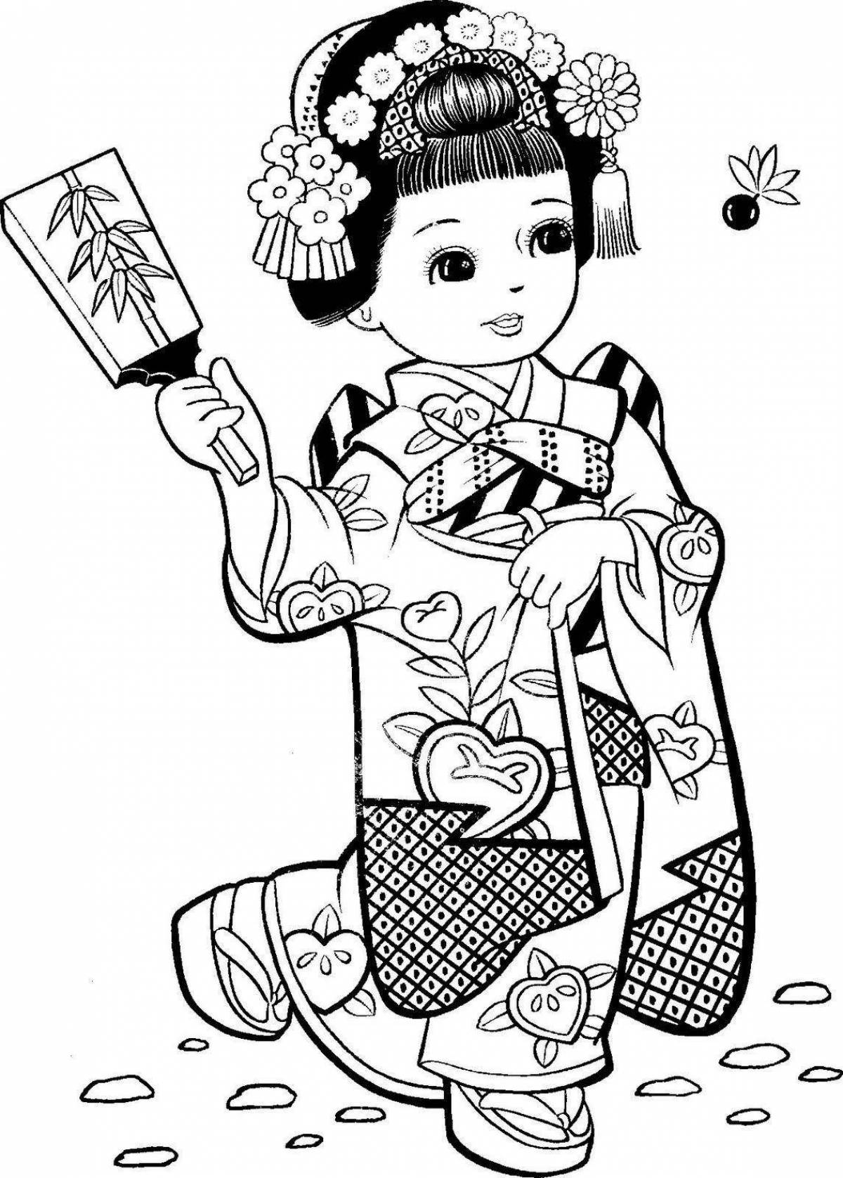 Coloring book elegant Japanese kimono