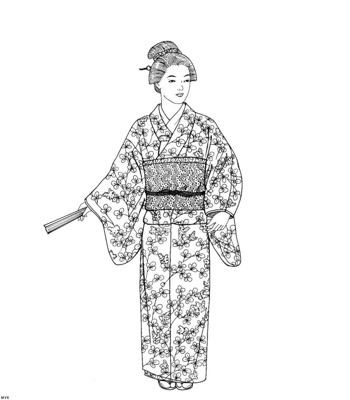 Подробная раскраска японского кимоно