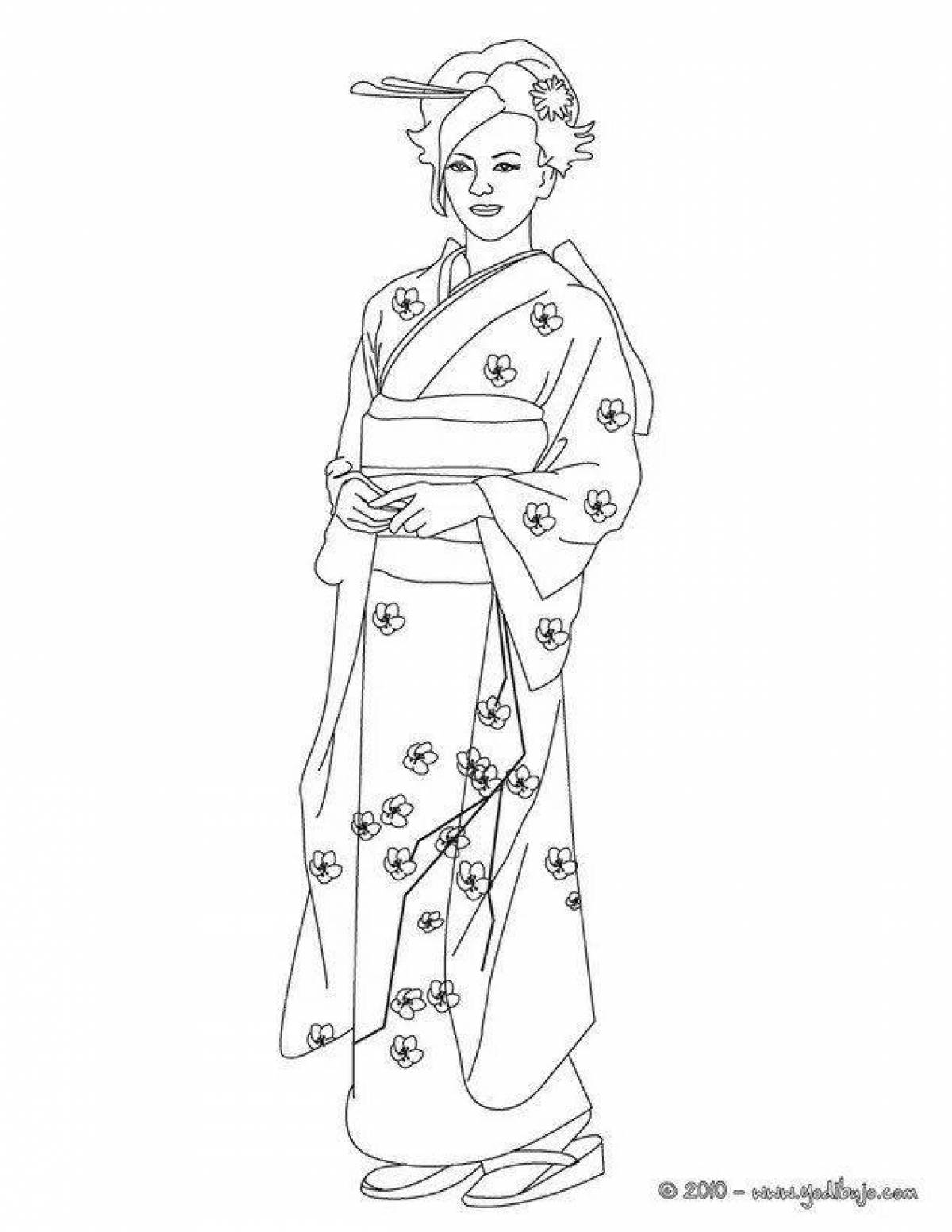 Coloring book luxury Japanese kimono