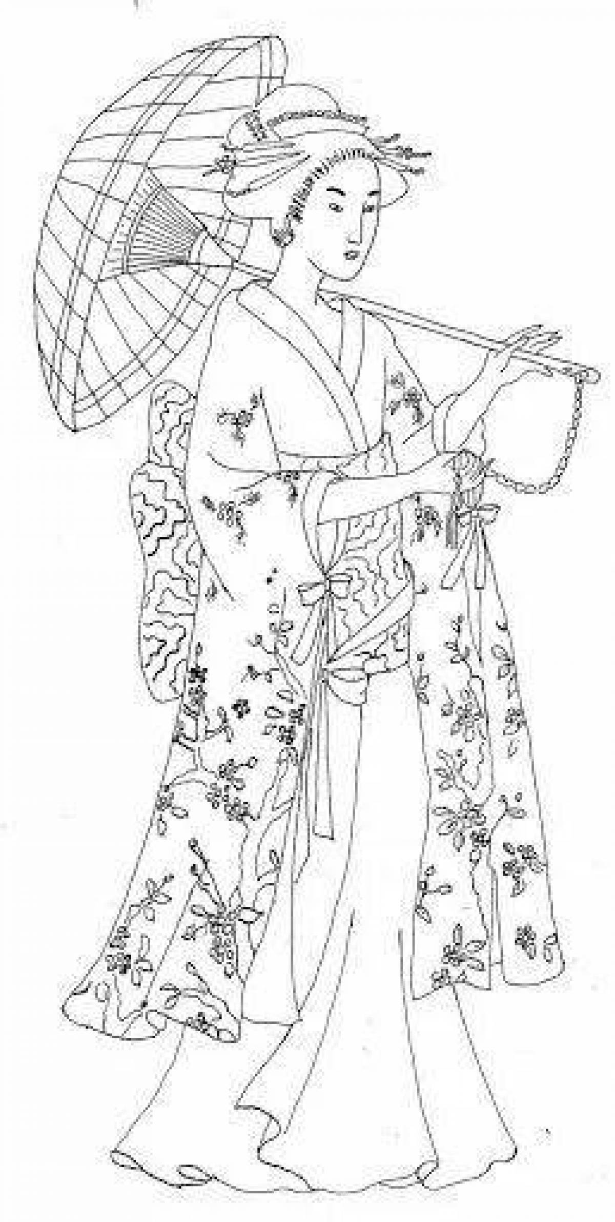 Serene japan kimono coloring page