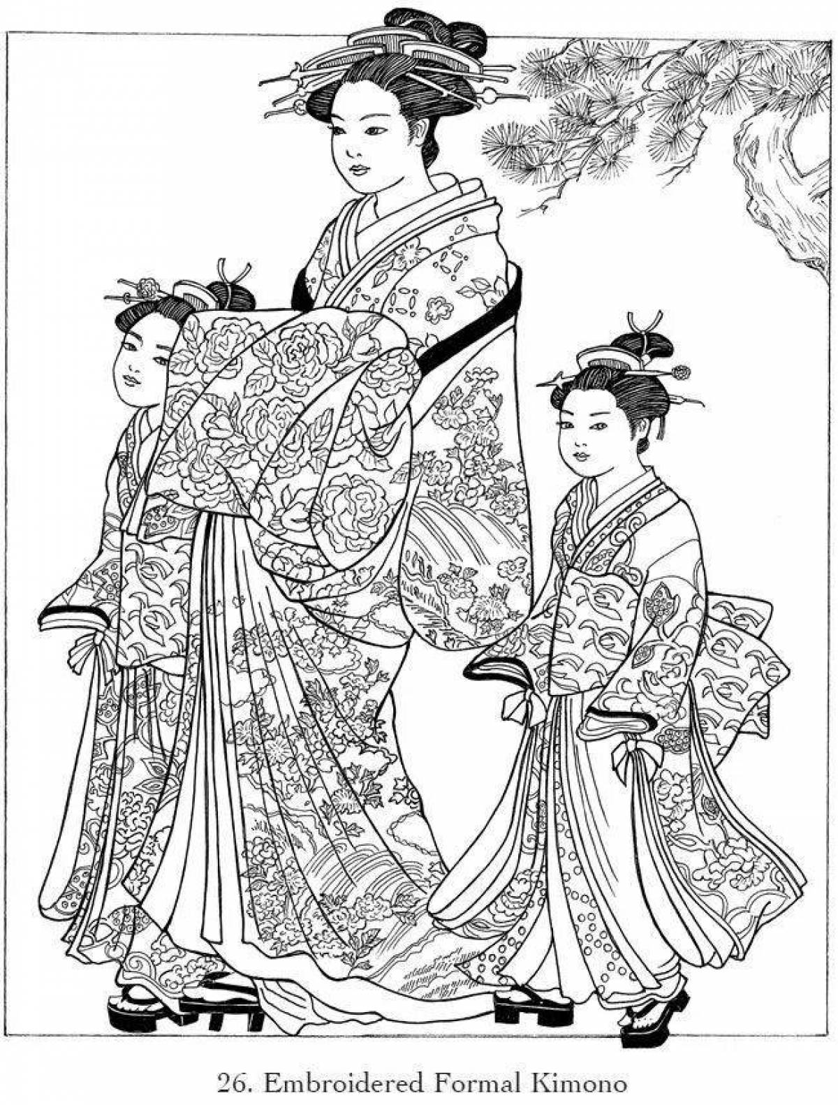 Игривая страница раскраски японского кимоно