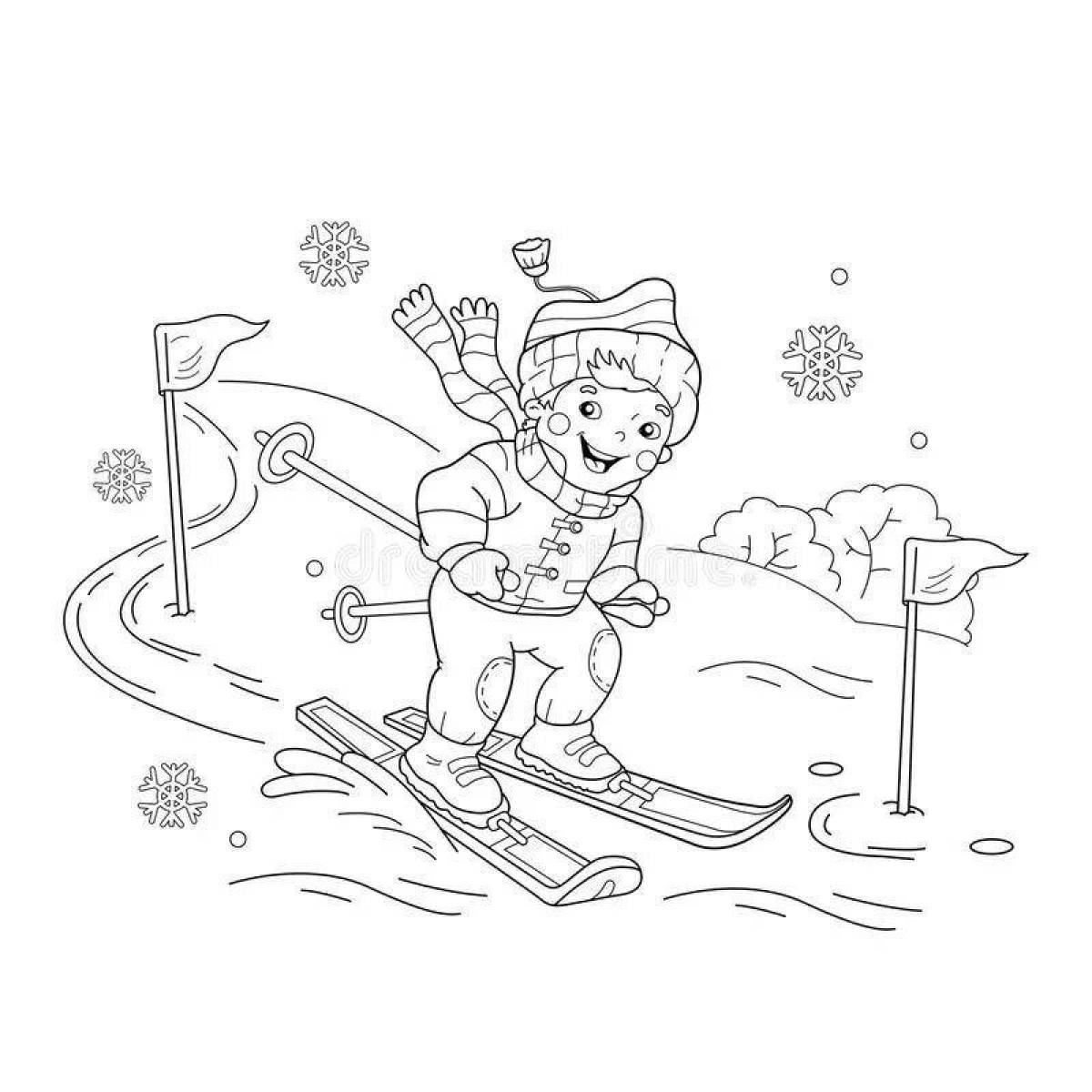 Раскраска мальчик на лыжах
