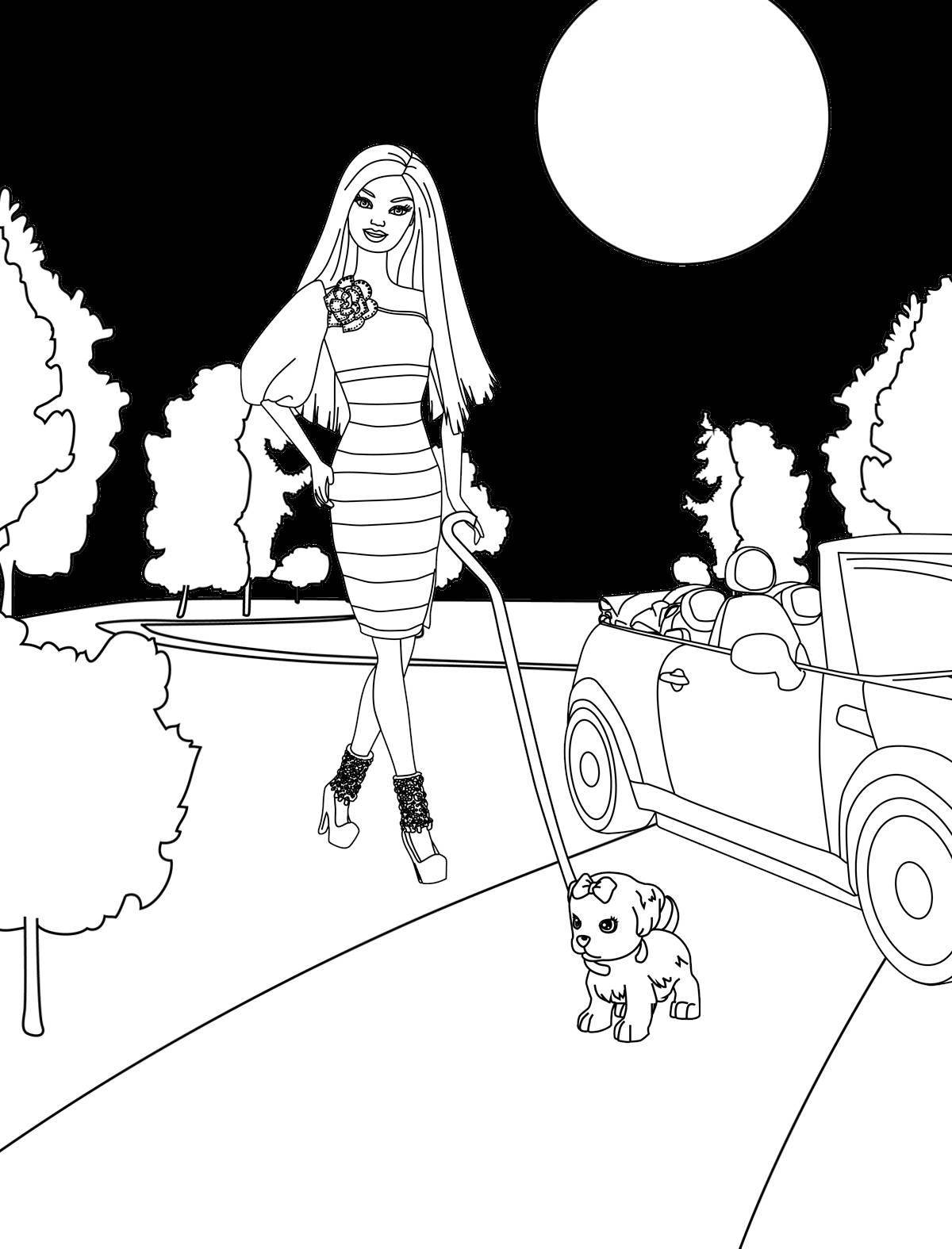 Coloring page joyful barbie in the car