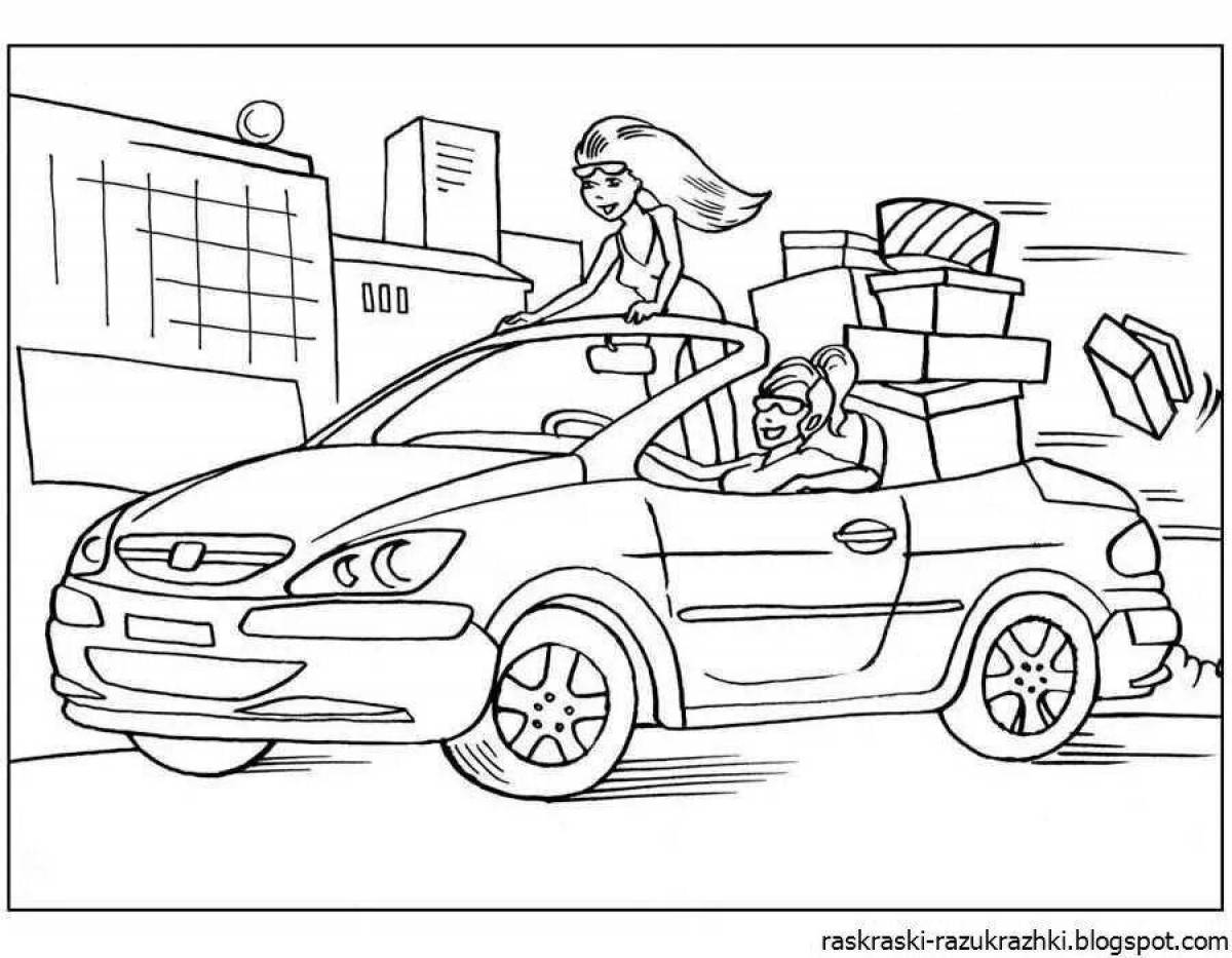 Bright barbie in the car coloring book