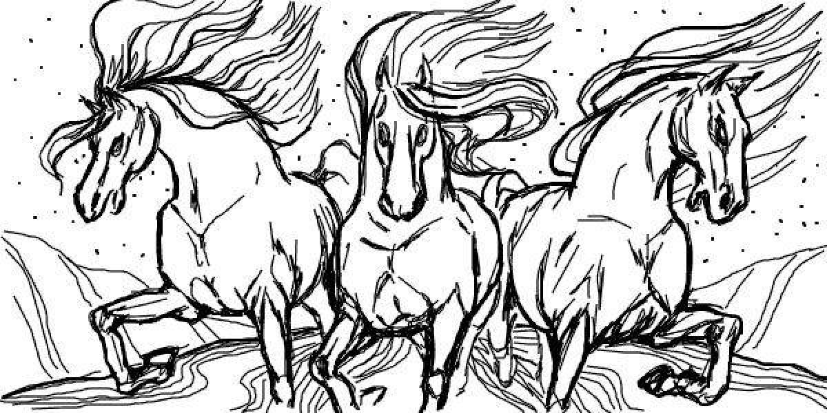 Раскраска грациозные три белых коня