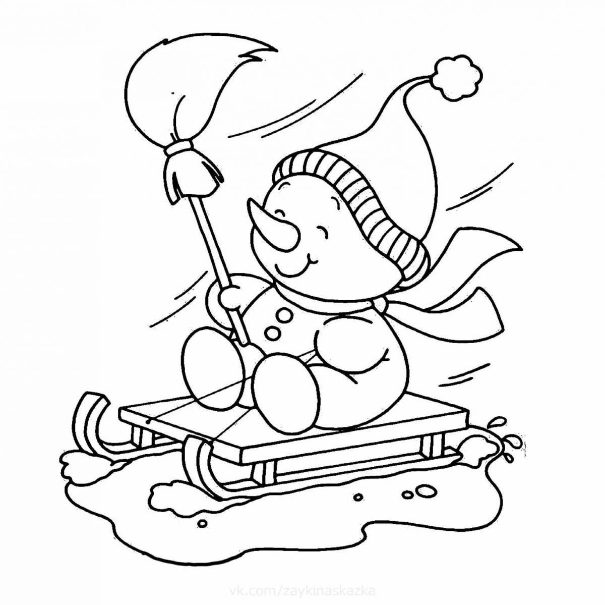 Coloring page happy snowman on skis