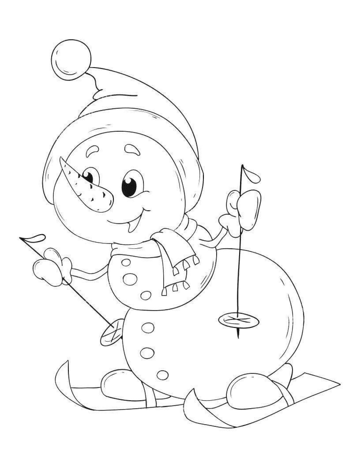 Holiday snowman skiing coloring page