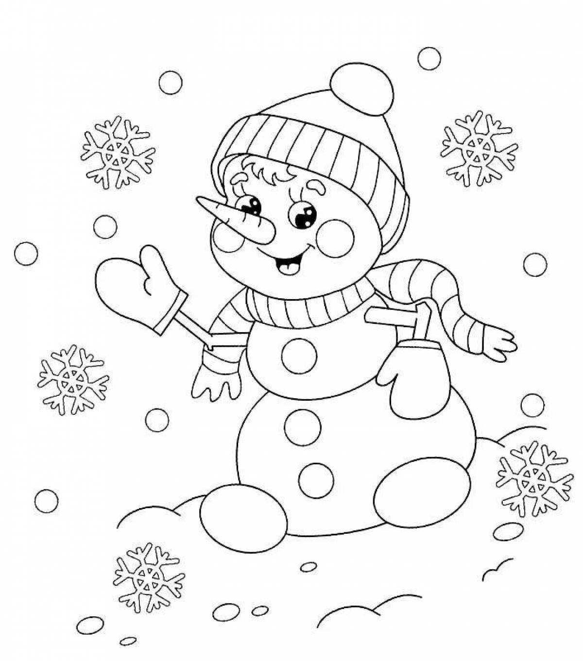 Coloring book funny snowman on skis