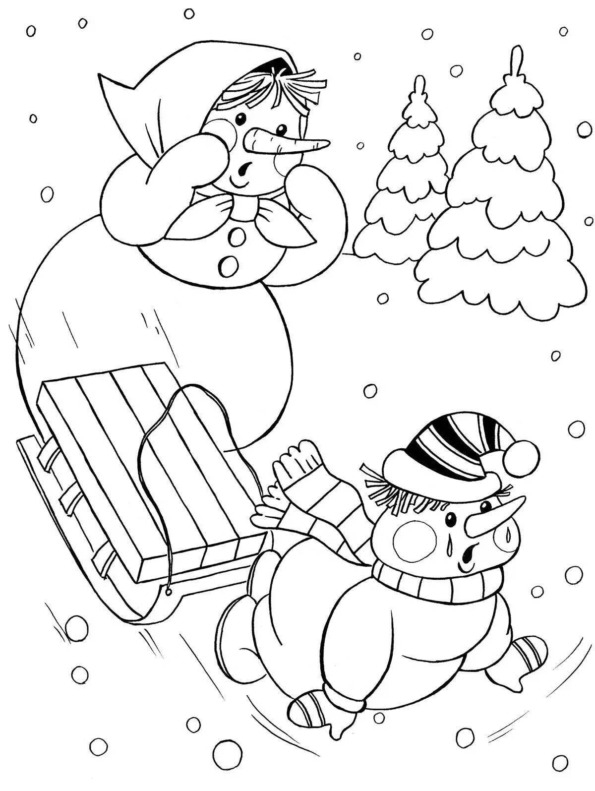 Coloring page playful snowman on skis