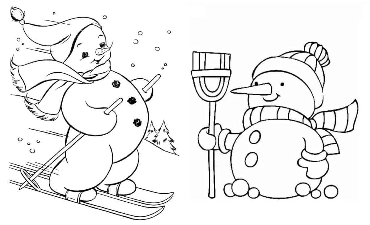 Coloring book bright snowman on skis
