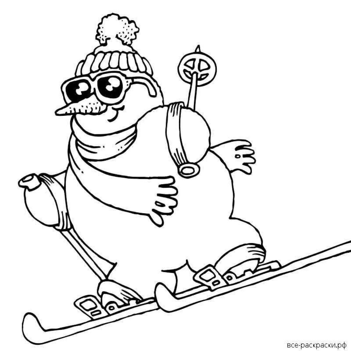 Exciting snowman skiing coloring page