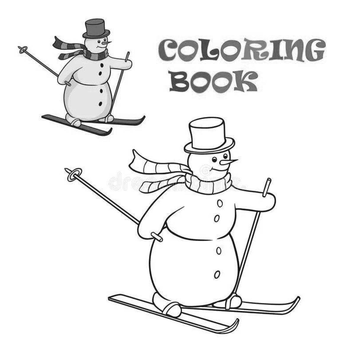 Анимированная страница раскраски снеговика на лыжах