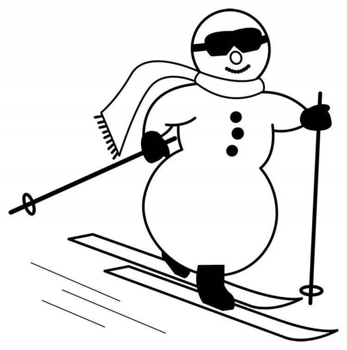 Раскраска снеговик катается на лыжах