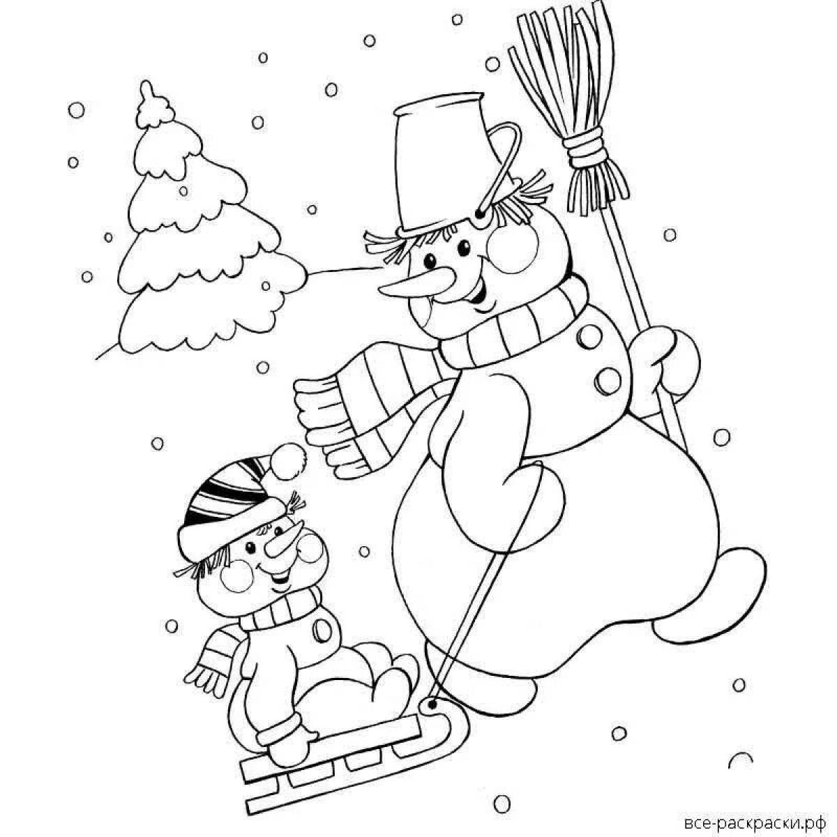 Snowman skiing coloring page