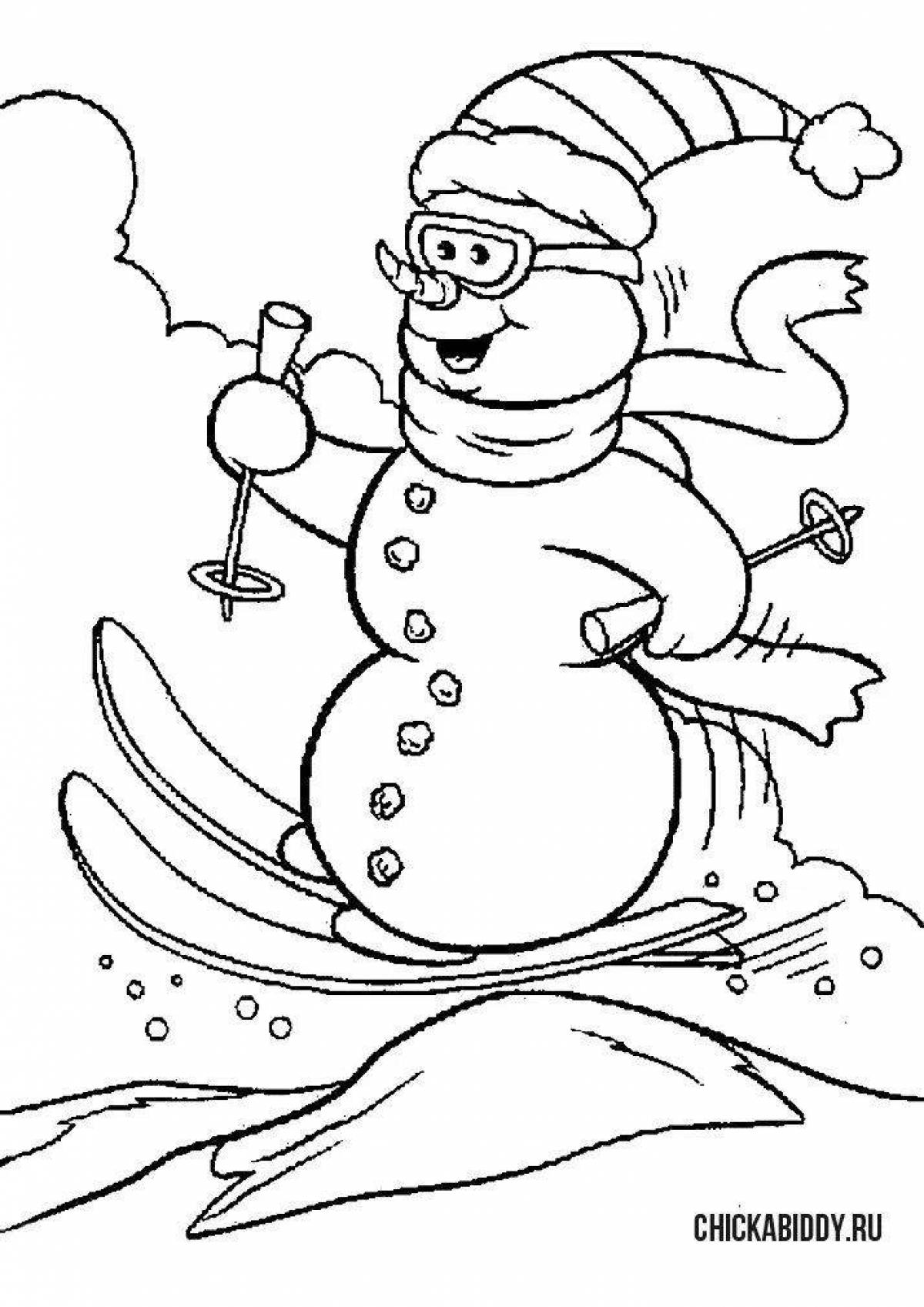 Adorable snowman skiing coloring page