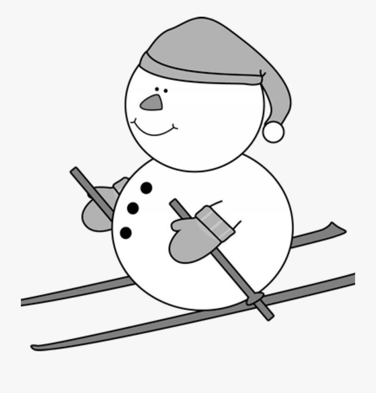 Adorable snowman skiing coloring page
