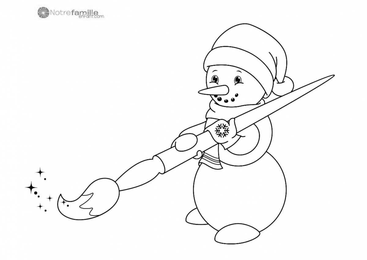 Coloring book glowing snowman on skis