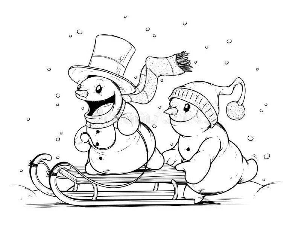 Coloring page funny snowman on skis