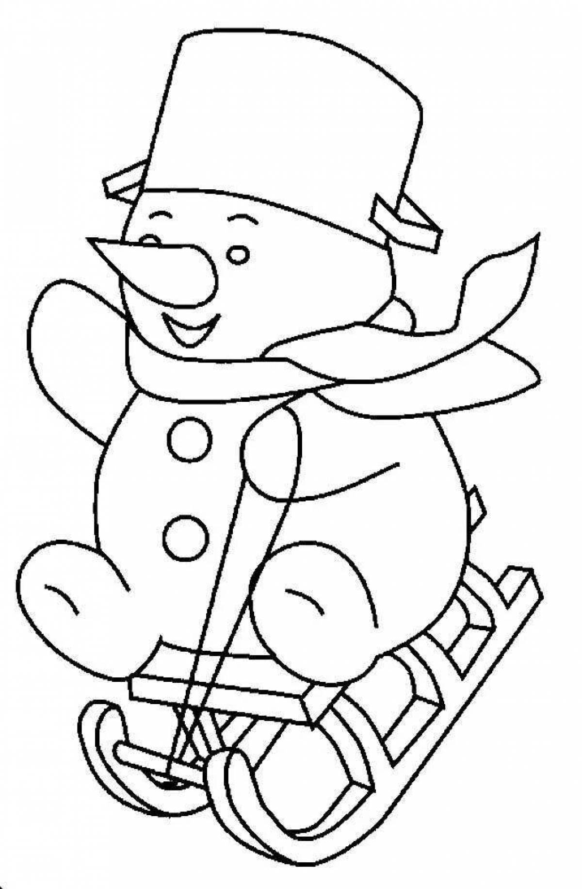Coloring page energetic snowman on skis