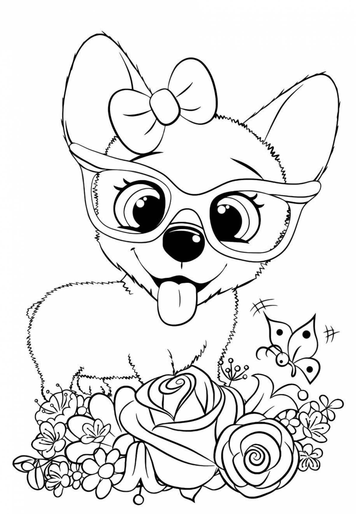 Adorable coloring book dog with a bow
