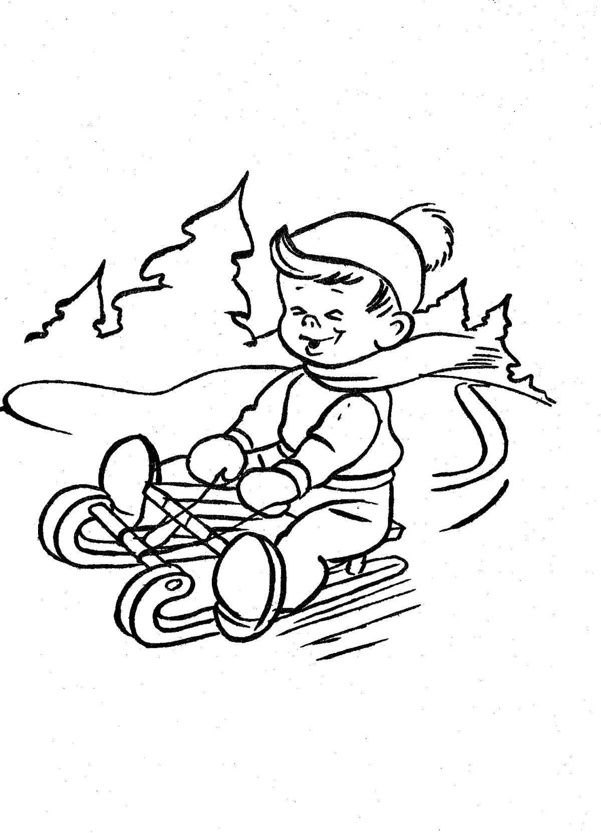 Coloring page playful boy on a sled
