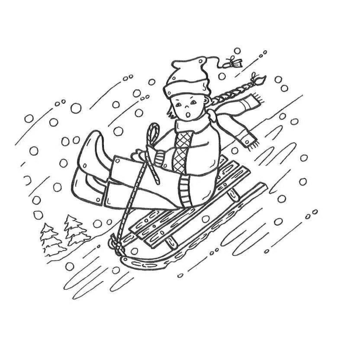Coloring page fearless boy on a sled