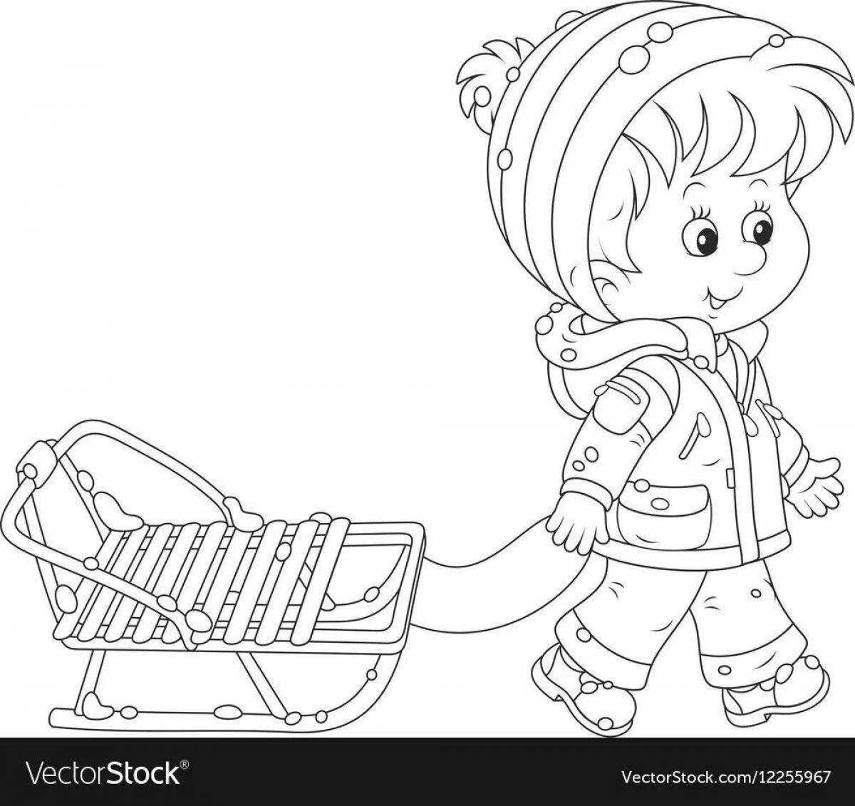 Coloring page of a funny boy on a sled