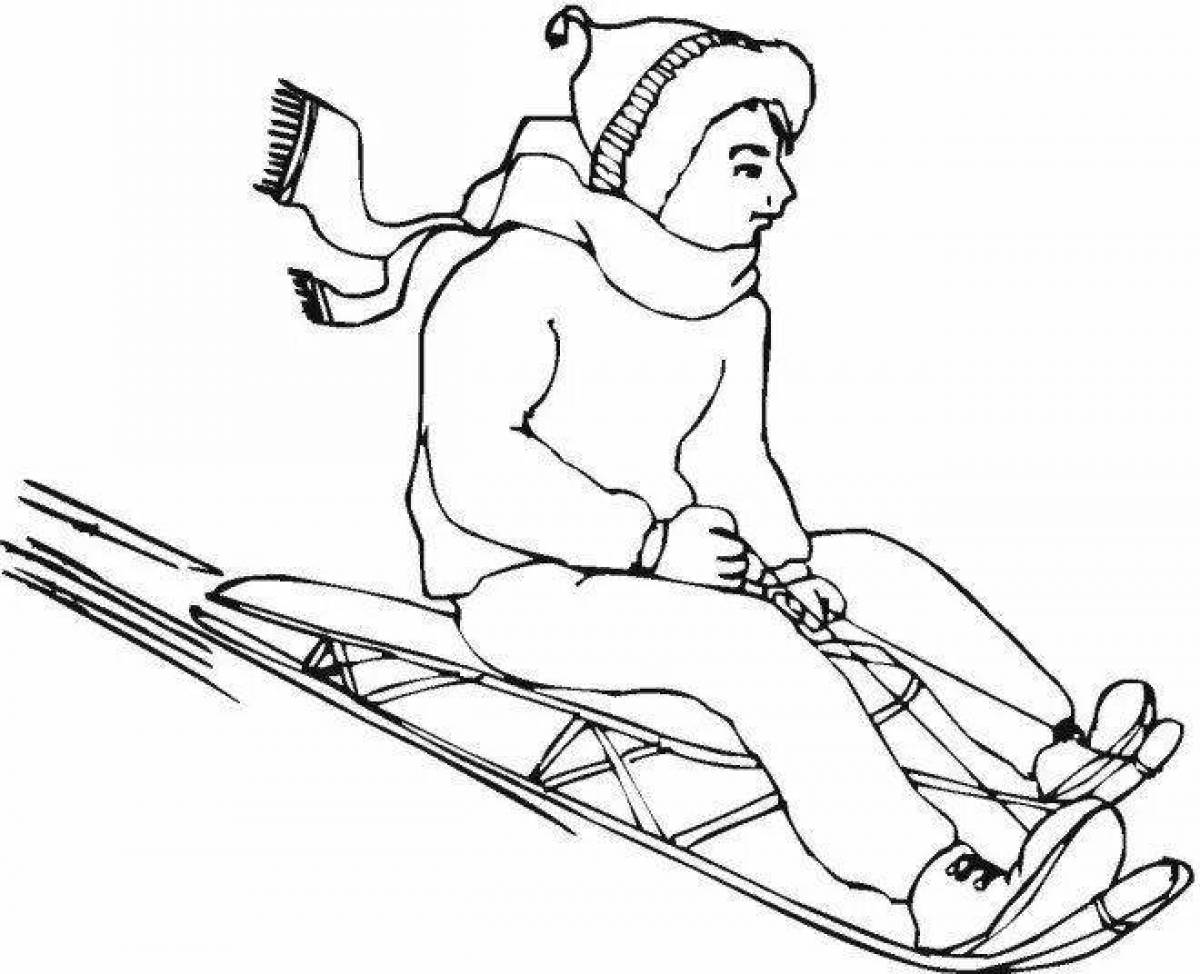 Coloring page freaky boy on sled
