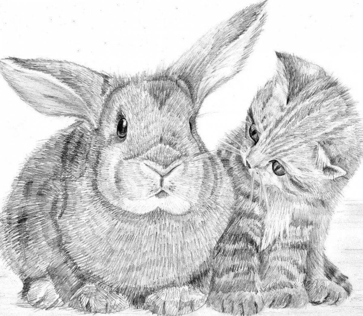 Animated cat and hare coloring page