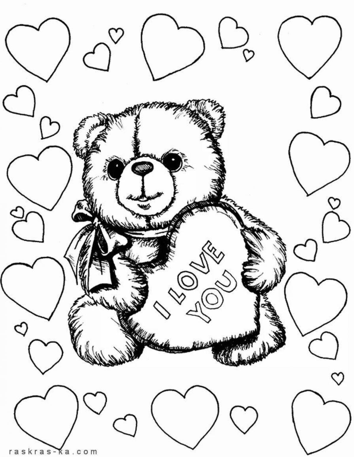 Glittering teddy bear with heart coloring page