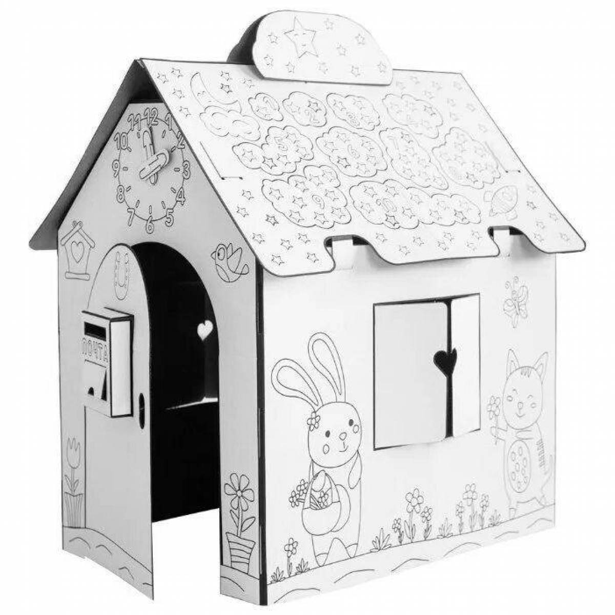 Coloring book cheerful ozone house made of cardboard