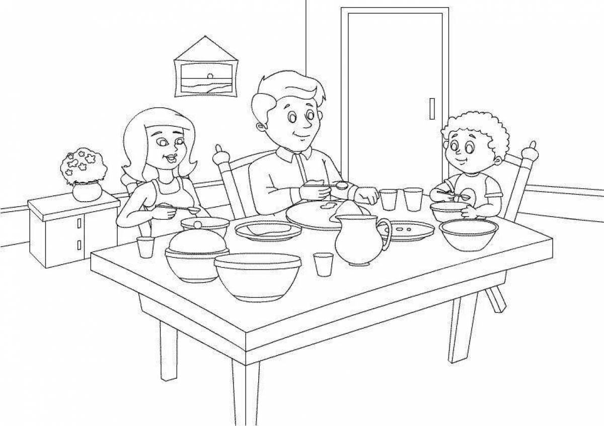 Рисунок ужин. Раскраска семья. Семья за столом раскраска. Раскраска дети в столовой. Дети за столом раскраска для детей.